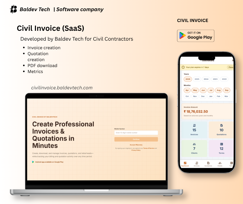 Civil Invoice app interface showing invoice and business metrics